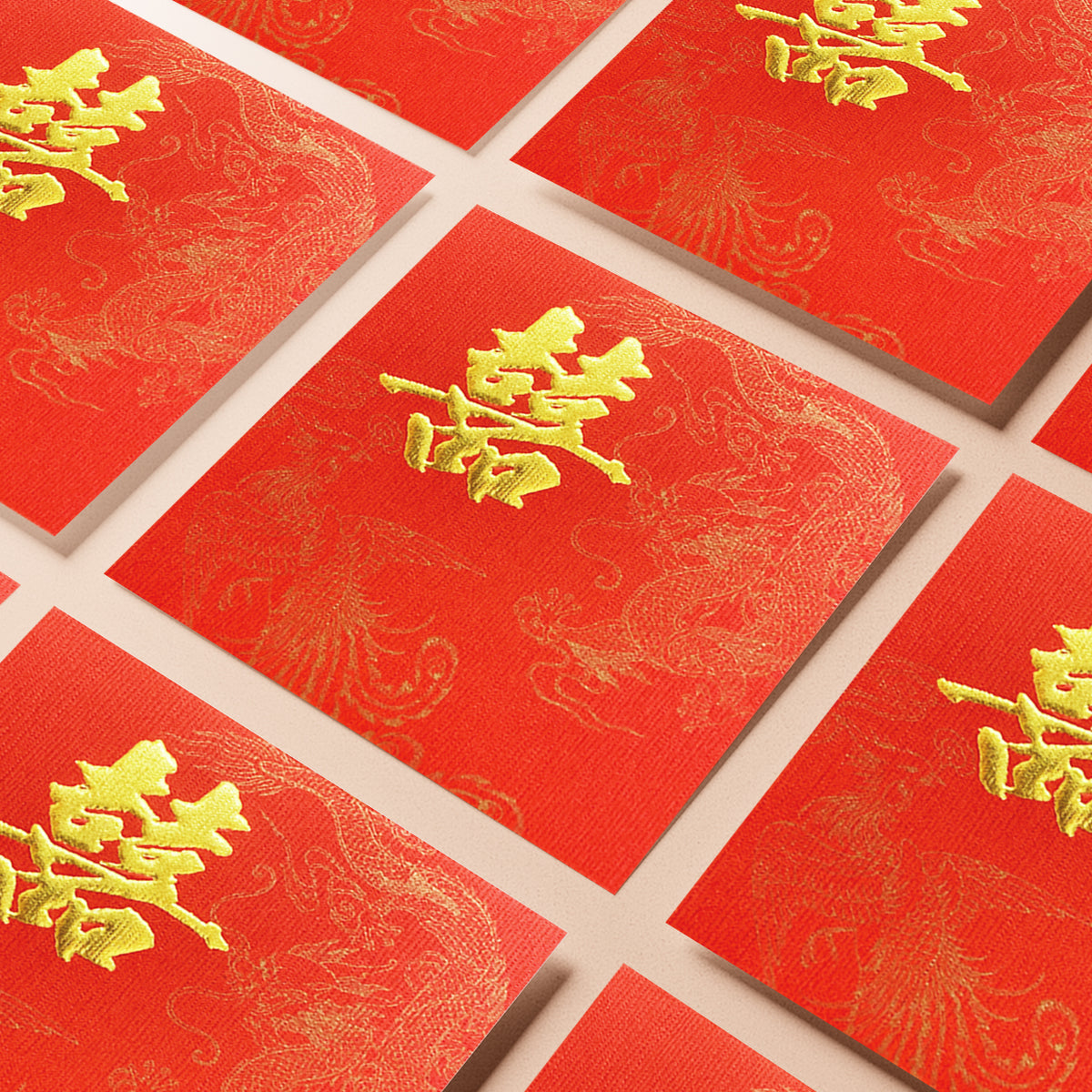 紅色結婚利是封，多個龍鳳囍字利是封排列展示（KA10）