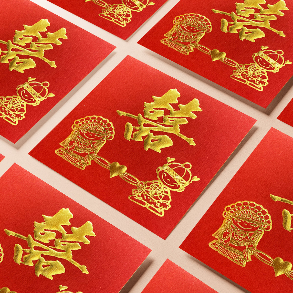 紅色結婚利是封，多個新人囍字利是封排列展示（KA06）