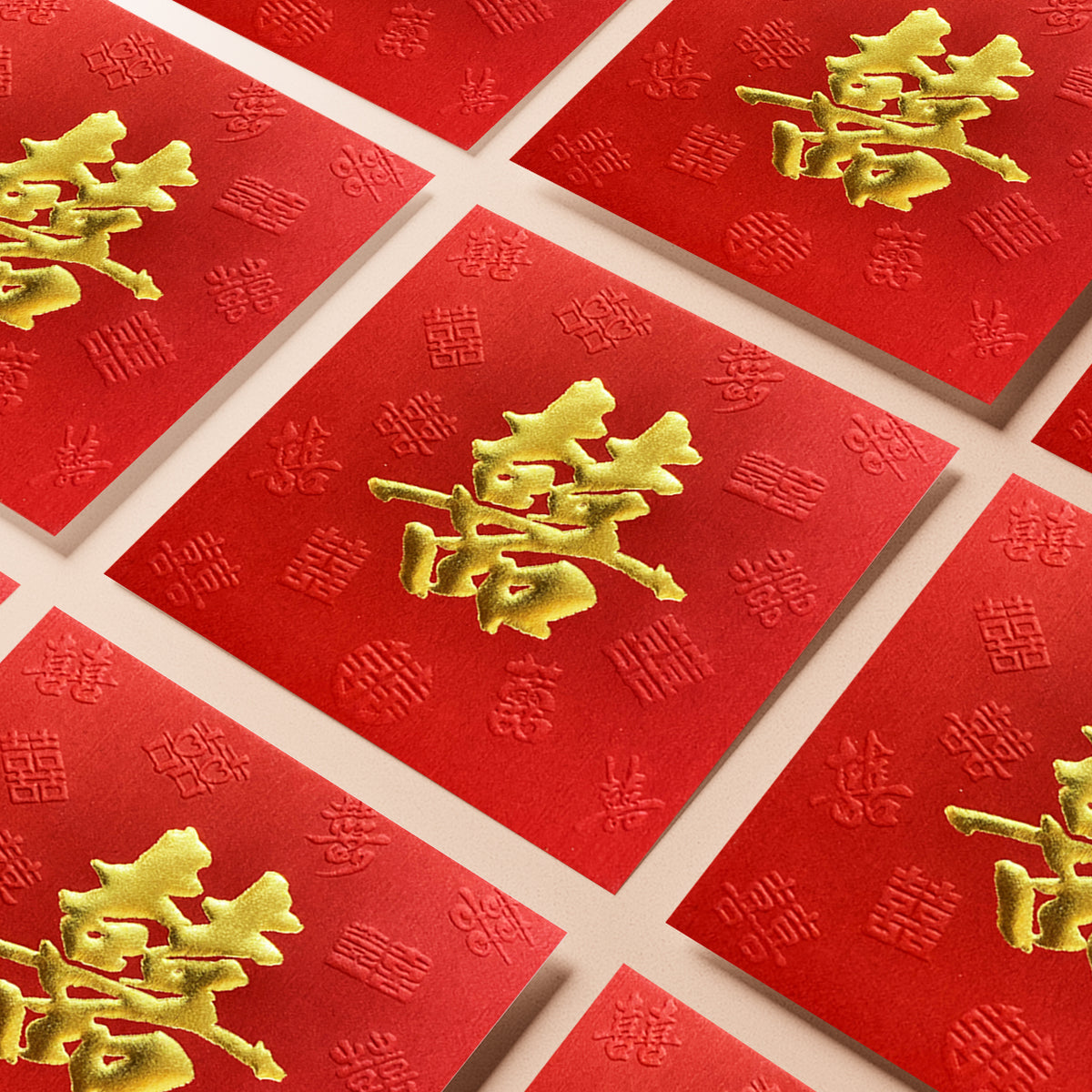 紅色結婚利是封，多個囍字與凹凸背景利是封排列展示（KA32）